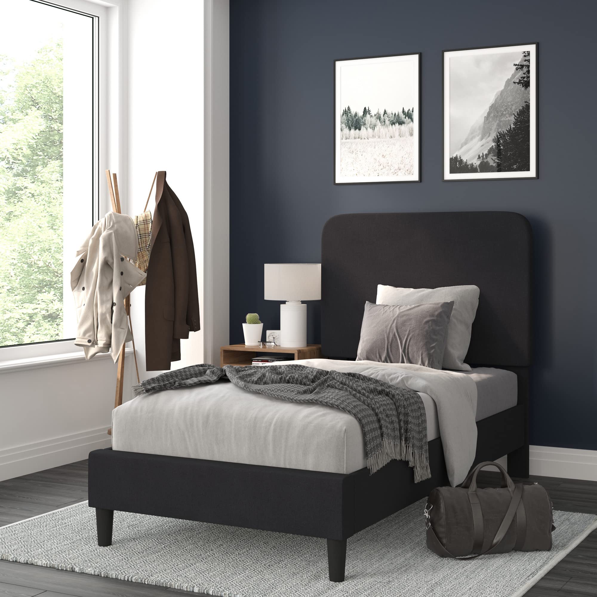 Flash Furniture Addison King Size Platform Bed with Fabric Upholstered Headboard, Timeless Low-Profile King Bed Frame with Headboard, Charcoal
